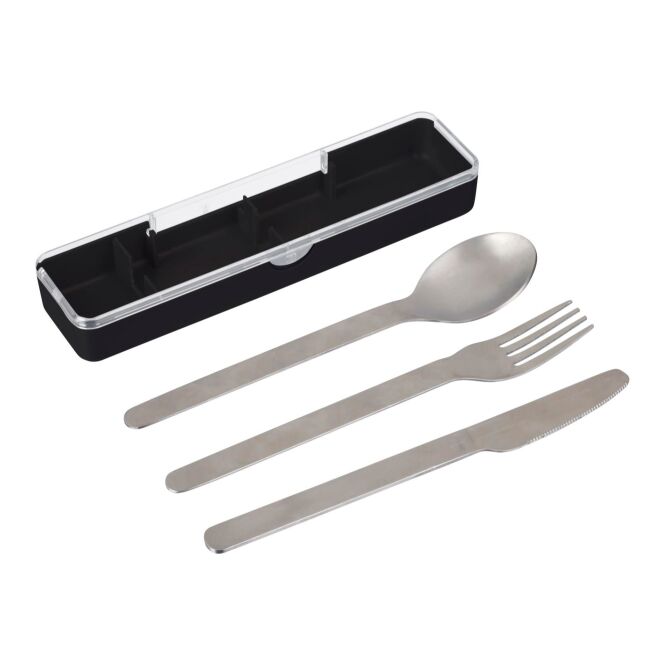 Mitarbeitergeschenk Besteckset Brisio – schwarz – mit Logodruck 3-teilig aus Edelstahl als praktisches Essbesteck für Mitarbeiter & Kunden