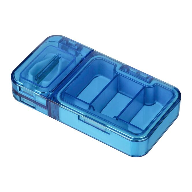Werbeartikel Pillendose Pillico – hellblau – mit Logo bedruckt 3-teilig mit Pillenteiler & Pinzette für Messen & Promotion