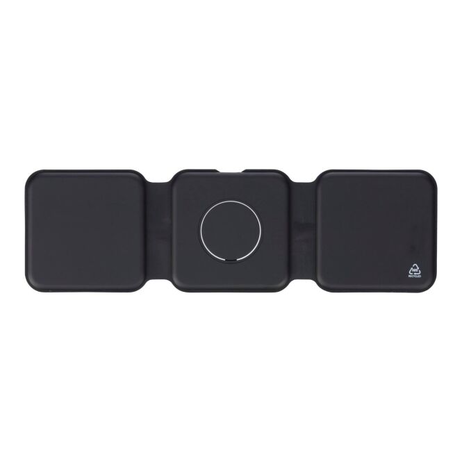 Firmengeschenk Trigo 3-in-1 Wireless Charger mit Logodruck – Schwarz – nachhaltiges Ladegerät für Technik und Büro