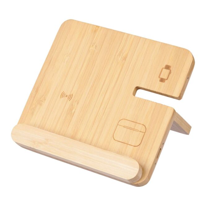 Premium-Werbeartikel Wireless Charger Tribu – braun – mit Logo bedruckt 3-in-1 15W 5W 3W nachhaltig für das Mitarbeiter-Onboarding