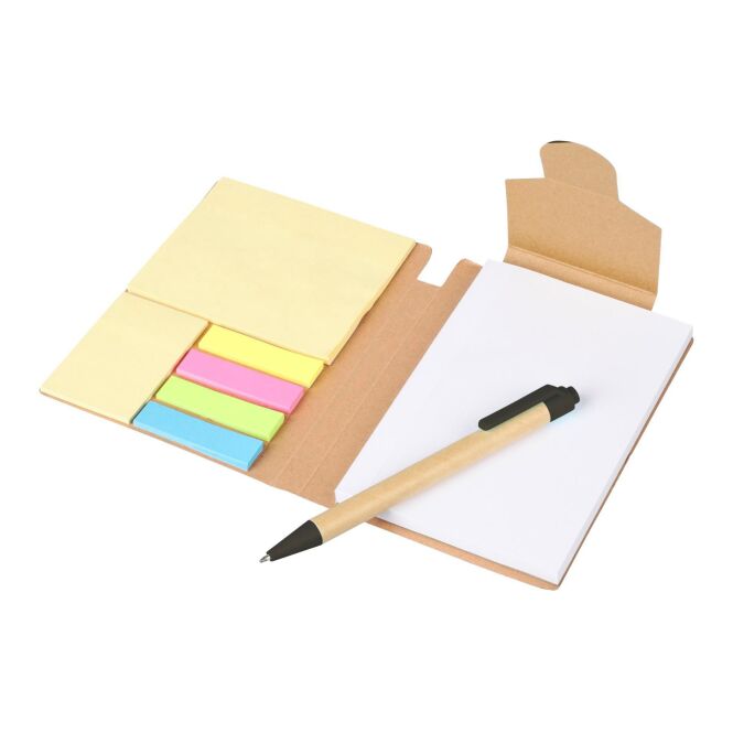 Firmengeschenk Notizbuch Quillo DIN A6 – schwarz – mit Logo bedruckt 3-teilig mit Notizbuch Kugelschreiber & Haftnotizen nachhaltig für Meetings
