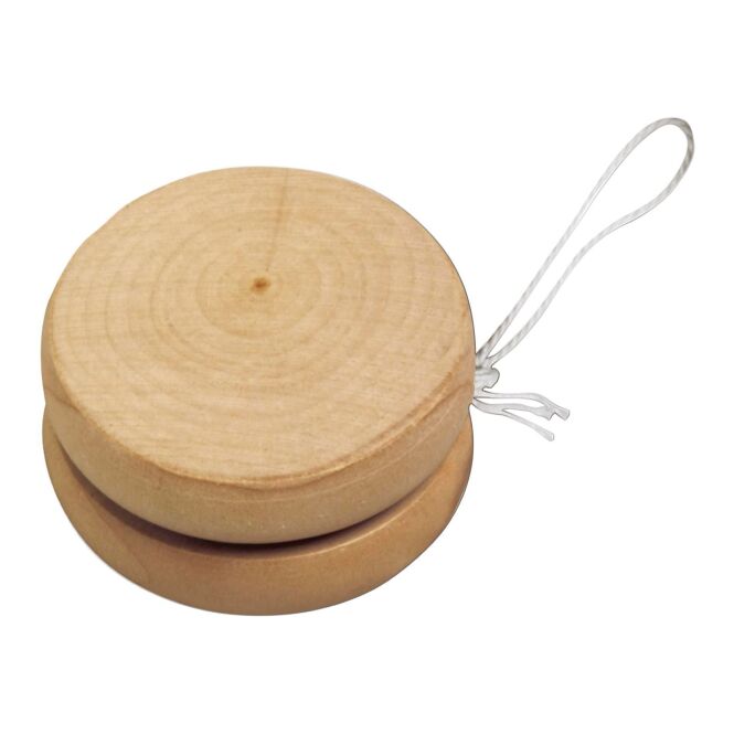 Werbeartikel Holz-Jojo Bigo mit Gravur – Braun – traditionelles Geschicklichkeitsspiel für Messen und Büro