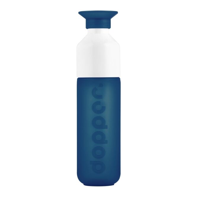 Mitarbeitergeschenk Trinkflasche Dopper Original – marineblau – mit Logodruck, 450ml, Cradle to Cradle zertifiziertes nachhaltiges Mehrweggefäß