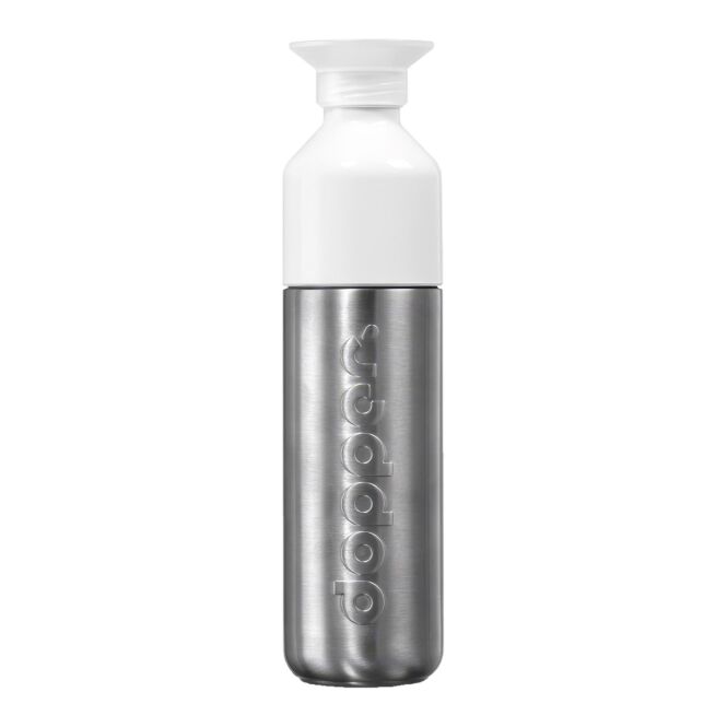 Firmengeschenk Dopper Steel 490 ml mit Logodruck – Silber/Weiß – robuste Edelstahl-Trinkflasche für nachhaltiges Büro-Marketing