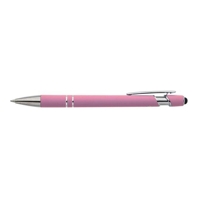 Werbeartikel Primo Aluminium-Kugelschreiber – rosa – mit Gravur blau schreibend, Druckkugelschreiber mit Touch-Spitze für Konferenzen