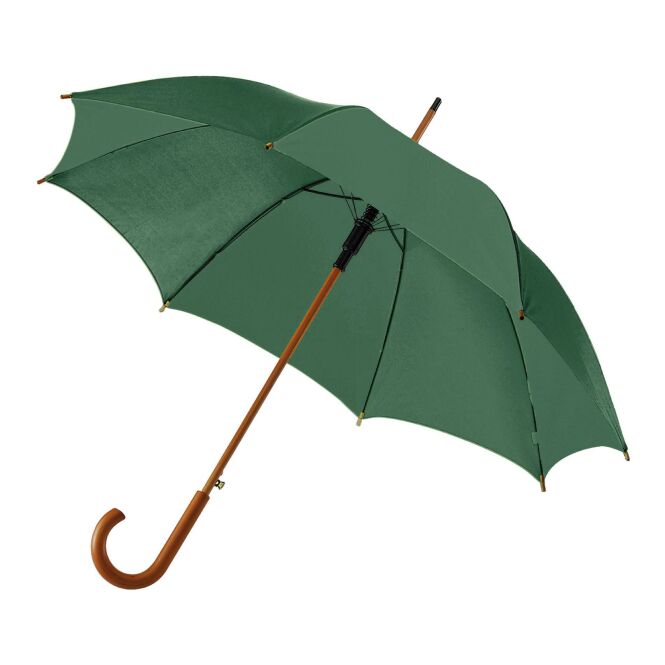 Firmengeschenk Autom. Holzstockschirm 2 mit Logodruck – Grün – robuster Regenschutz für Firmen