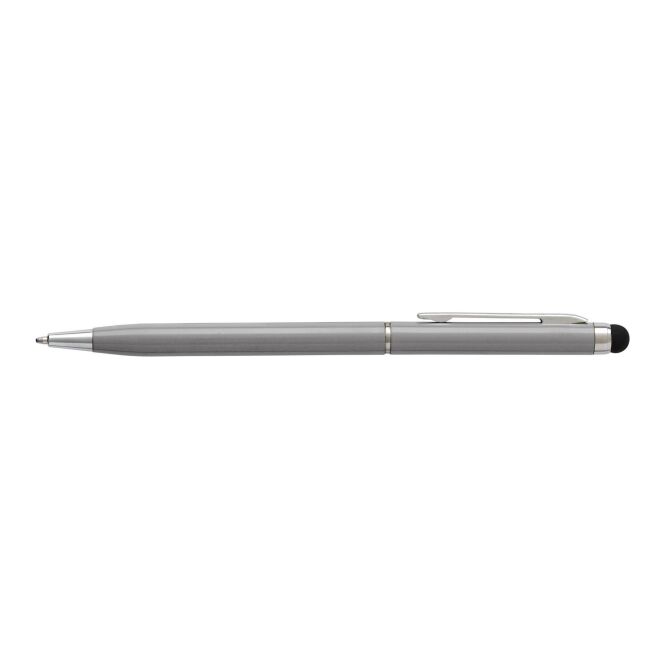 Kundengeschenk Sway Aluminium – silber – mit Gravur Drehkugelschreiber mit Touch-Pen blau schreibend für den Büroalltag