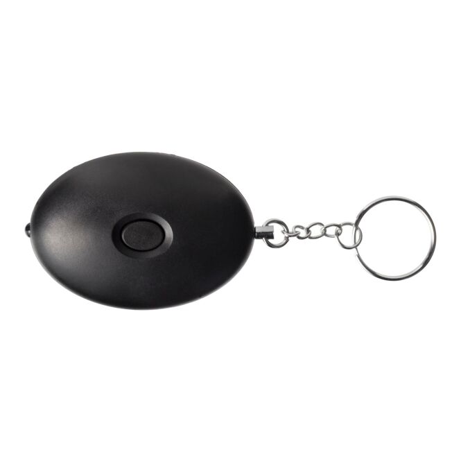 Firmengeschenk Alarmknopf Harold – schwarz – mit Logo bedruckt inkl. LED-Licht und Signalton als Sicherheits-Werbemittel für Messen