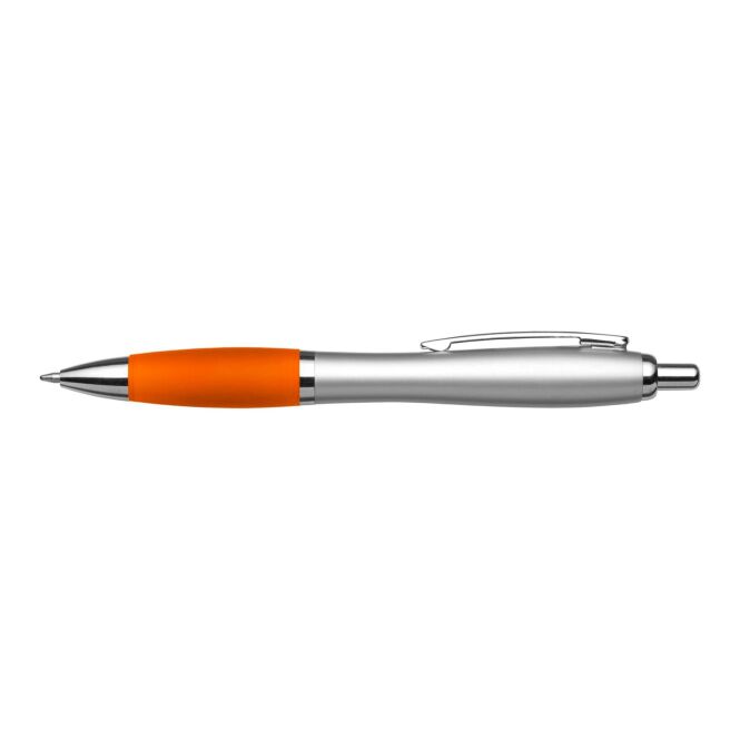 Werbeartikel Kugelschreiber Mariam aus recyceltem ABS – orange – mit Logo bedruckt blau schreibend nachhaltiger Druckkugelschreiber für den Büroalltag