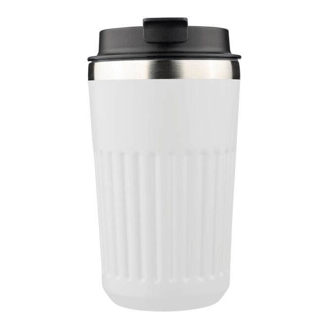 Firmengeschenk Reisebecher Chiara mit Gravur – 400 ml doppelwandig – Weiß – nachhaltiger Thermobecher für Büro und Konferenzen