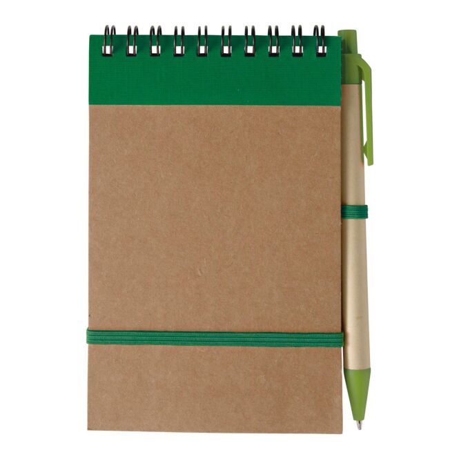 Werbeartikel Notizbuch Pocket aus recyceltem Karton mit Logodruck – Grün – Schreibset für Messen und Büro