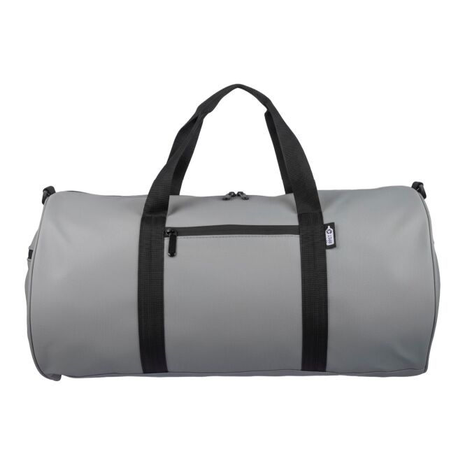 Werbeartikel rPET-Reisetasche Aisha mit Logodruck – wasserabweisend – Grau – geräumige Sporttasche für Mitarbeiter und Firmen