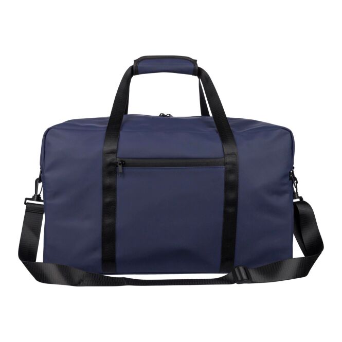 Werbeartikel Reisetasche Mirae aus recyceltem PU mit Logodruck – Blau – geräumige Sporttasche für Mitarbeiter und Geschäftspartner