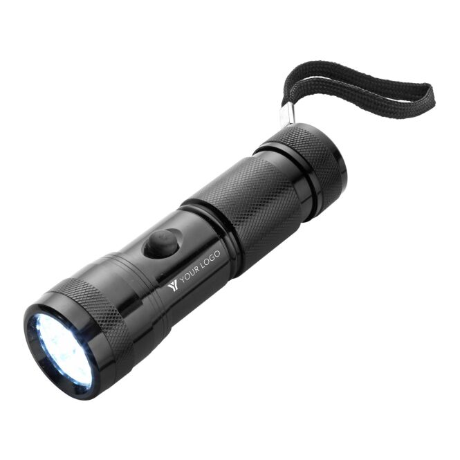Werbeartikel LED-Lampe Ringo mit Gravur – Schwarz – robuste Taschenlampe für Messen und Firmenausstattung
