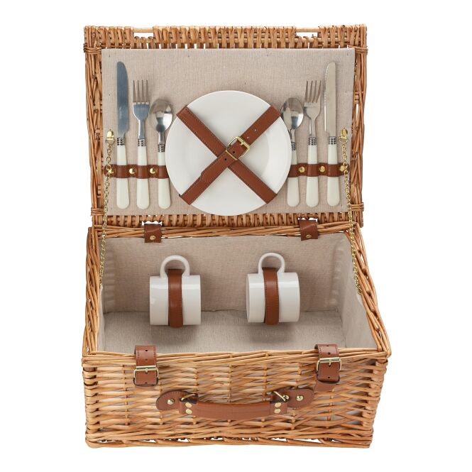 Kundengeschenk Picknickkorb Basic – braun – mit Logo bedruckt 10-teilig für 2 Personen mit Gabeln, Messern, Löffeln für Firmen-Events