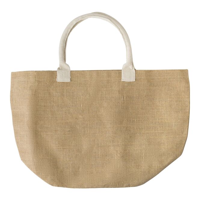 Werbeartikel Jutetasche mit Baumwollhenkeln mit Logodruck – Beige – nachhaltige Tragetasche für Messen und Büro