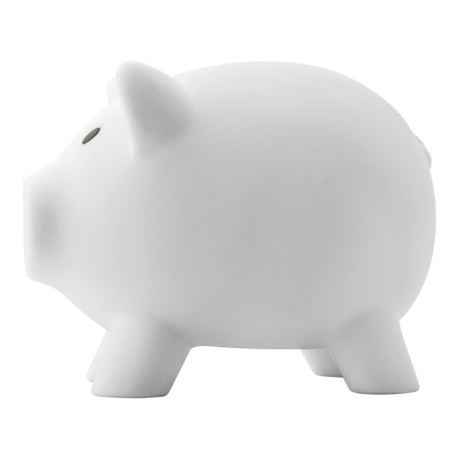 Werbeartikel Sparschwein Porky mit Logodruck – Weiß – originelle Spardose für Unternehmen und Büro