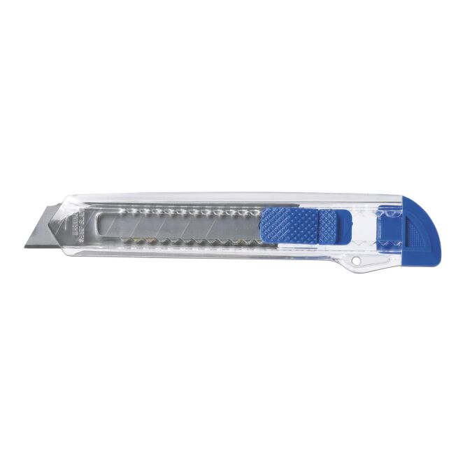 Werbeartikel Cuttermesser Caruso – blau – mit Werbedruck 8 arretierbare Klingen scharfes Teppichmesser für Montagearbeiten