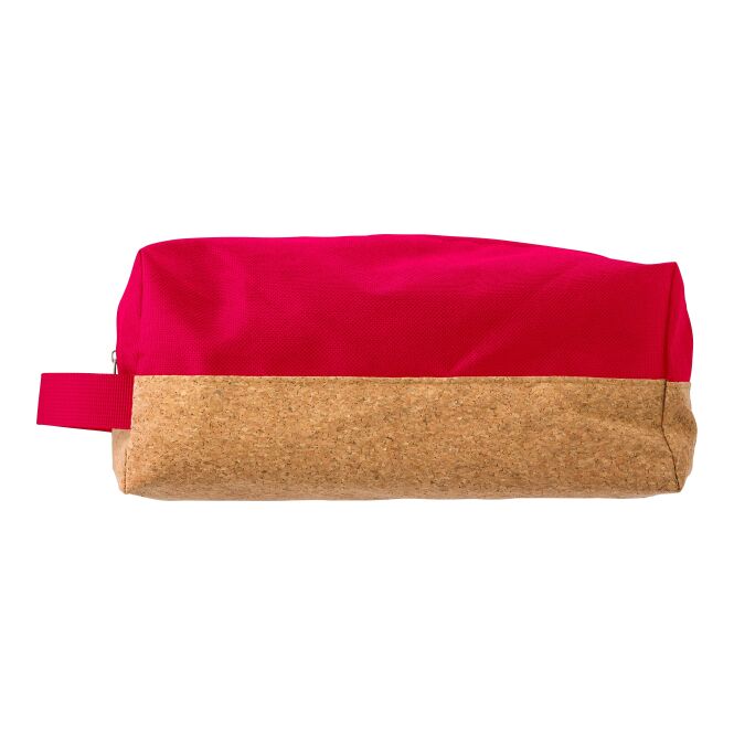 Werbeartikel Kulturtasche aus Polyester und Kork mit Logodruck – Rot – Kosmetikorganizer für Beauty und Wellness