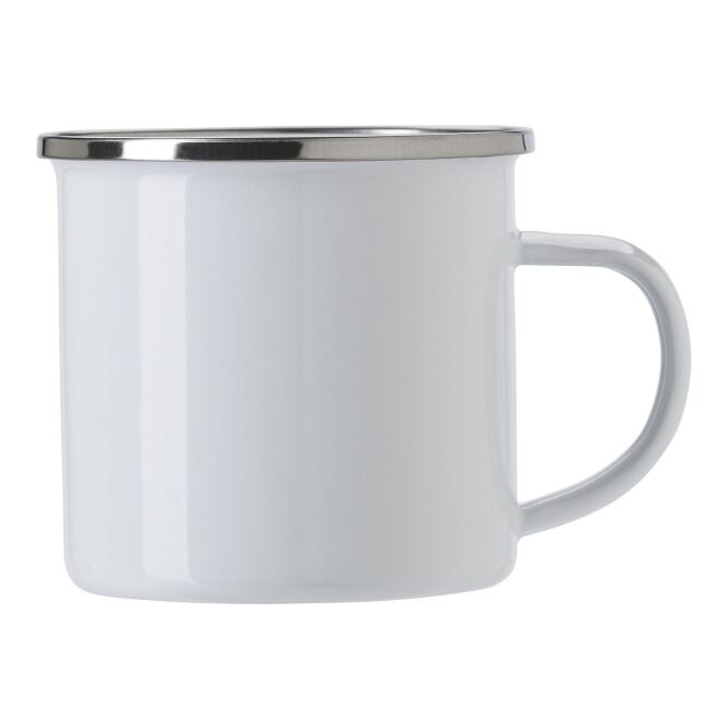 Kundengeschenk Emaille Kaffeebecher – weiß – mit Logodruck 350 ml für die Büroküche