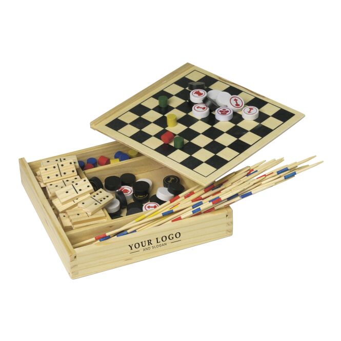 Werbeartikel Spielset Fun mit Logodruck – Braun – 5-teiliges Spieleset aus Holz für Firmen und Veranstaltungen