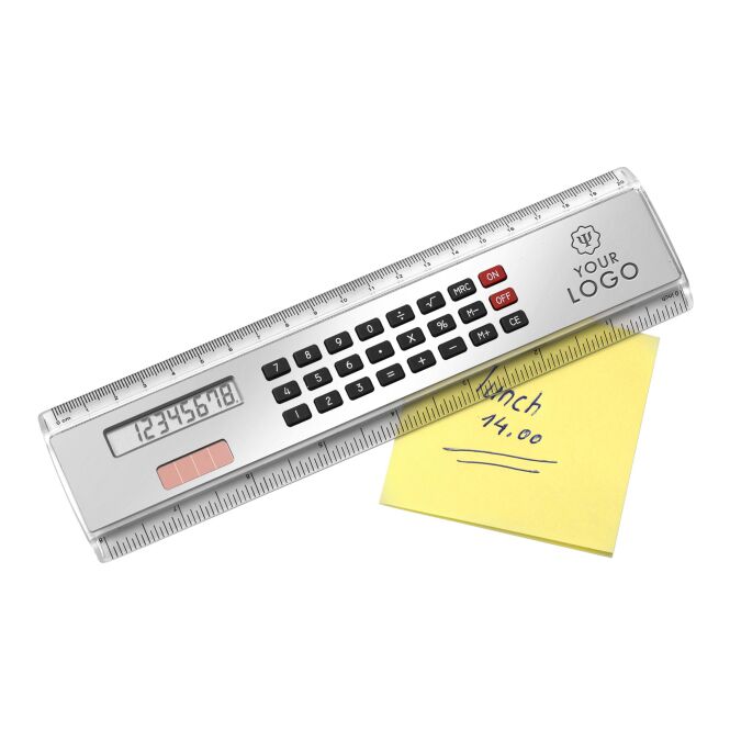 Werbeartikel Rechner-Lineal Kongress mit Logodruck – Silber – 20 cm Messwerkzeug für Büro und Business