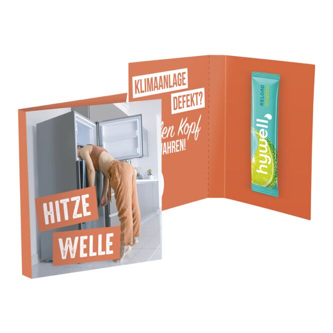Werbeartikel Werbekarte Midi hywell – mit schokolade – mit individuellem Etikett für Messen und Events für Kunden und Mitarbeiter