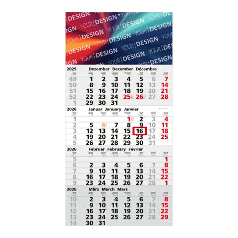 4-Monatskalender Mega 4 Post Bestseller (Einblatt) Hellgrau-rot | ohne Werbeanbringung