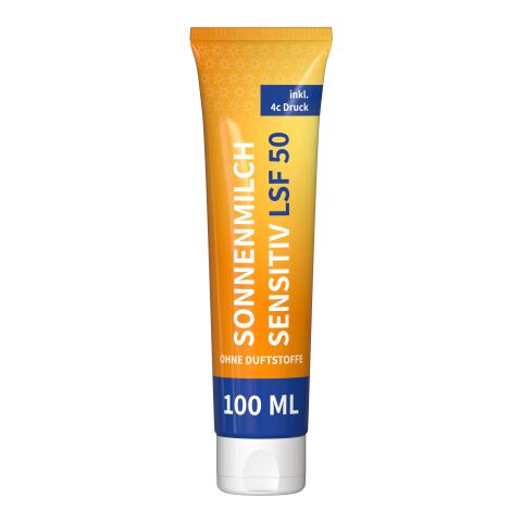 100 ml Tube - Sonnenmilch LSF 50 (sensitiv) - FullbodyPrint Weiß | Druck auf Tube vollflächig