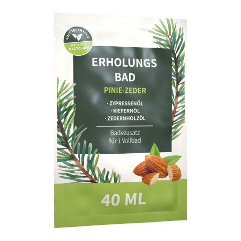 40 ml Erholungsbad &quot;Pinie-Zeder&quot; (Sachet) - Soft Touch Print Weiß | ohne Werbeanbringung
