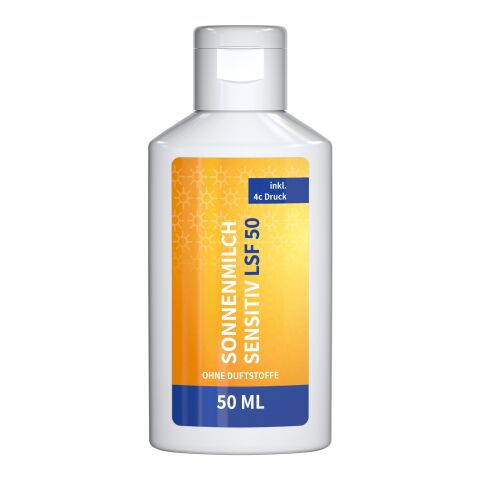 50 ml Flasche - Sonnenmilch LSF 50 (sensitiv) - Body Label Weiß | ohne Werbeanbringung