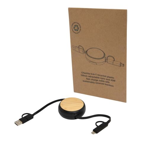 Chechia 100cm 5-in-1 Kabel aus recyceltem Kunststoff, einziehbar, für Datenübertragung und 45W Schnellladung mit Bambusdetails Standard | schwarz | ohne Werbeanbringung | Nicht verfügbar | Nicht verfügbar