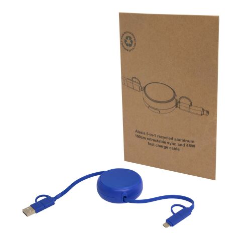 Alasia 100 cm 5-in-1 Kabel aus recyceltem Kunststoff und Aluminium, einziehbar, für Datenübertragung und mit 45W Schnellladung Standard | royalblau | ohne Werbeanbringung | Nicht verfügbar | Nicht verfügbar