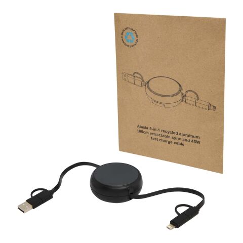 Alasia 100 cm 5-in-1 Kabel aus recyceltem Kunststoff und Aluminium, einziehbar, für Datenübertragung und mit 45W Schnellladung Standard | schwarz | ohne Werbeanbringung | Nicht verfügbar | Nicht verfügbar