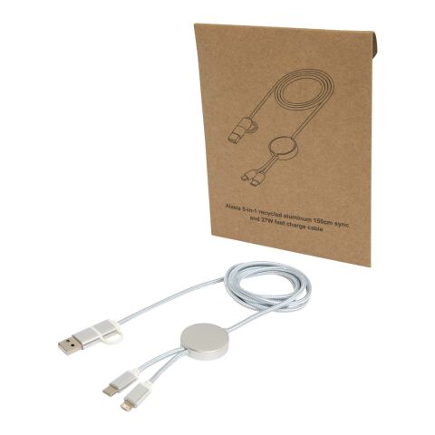 Alasia 150 cm 5-in-1 Kabel aus recyceltem Kunststoff für Datenübertragung und 27W Schnellladung Standard | Silber | ohne Werbeanbringung | Nicht verfügbar | Nicht verfügbar