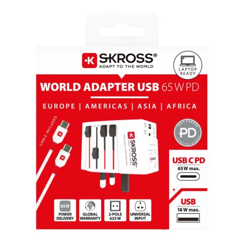 SKROSS® MUV AC65PD Reiseadapter mit USB-C Kabel  weiss