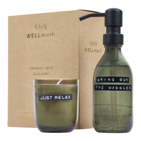 Wellmark Discovery Seifenspender und Duftkerze ´dunkler Bernstein´-Set, 200 ml (Seifenspender) und 150 g (Duftkerze) Standard | waldgrün | ohne Werbeanbringung | Nicht verfügbar | Nicht verfügbar