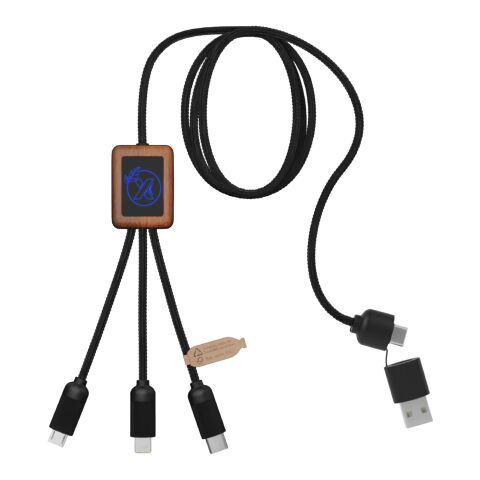 SCX.design C38 5-in-1 Ladekabel aus rPET in quadratischem Bambusgehäuse mit Leuchtlogo Standard | blau-holz | ohne Werbeanbringung | Nicht verfügbar | Nicht verfügbar