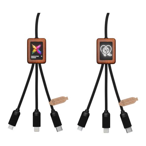 SCX.design C38 5-in-1 Ladekabel aus rPET in quadratischem Bambusgehäuse mit Leuchtlogo Standard | schwarz-holz | ohne Werbeanbringung | Nicht verfügbar | Nicht verfügbar