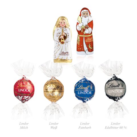 Adventskalender Lindt Lindor mit Santa &amp; Engel, Inlay aus Papier bunt | ohne Werbeanbringung