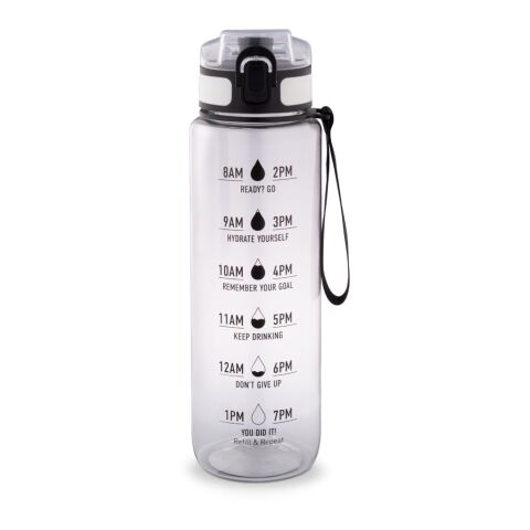 ERIKSSON. Flasche aus recyceltem PET (100 % rPET) mit motivierenden Sprüchen und Zeitmarkierungen, die zum Wassertrinken anregen Transparent