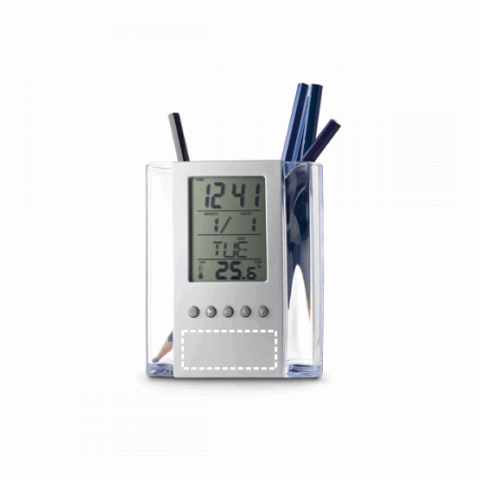 EDEM. Digitale Multifunktions-Tischuhr mit Stiftehalter Satinsilber | ohne Werbeanbringung | Nicht verfügbar | Nicht verfügbar | Nicht verfügbar