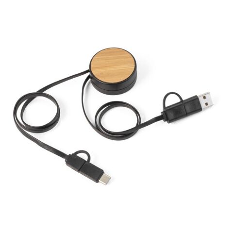 RUBINS. 6-in-1-USB-Kabel ausziehbar aus Recyceltes ABS (100% rABS) und Bambus schwarz | ohne Werbeanbringung | Nicht verfügbar | Nicht verfügbar