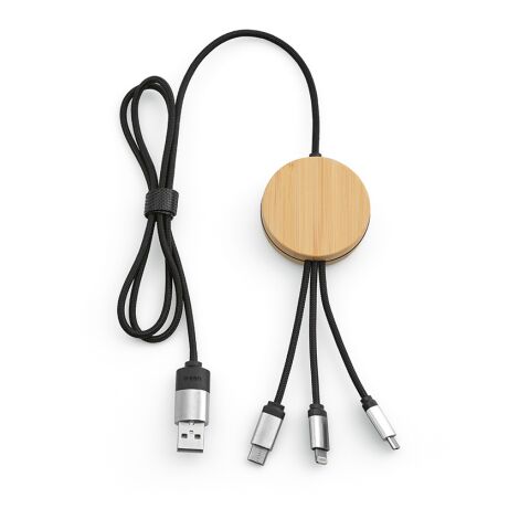 Feynman 5-in-1 Kabel aus Bambus und rPET. Mit hinterleuchtetem Logo Schwarz | ohne Werbeanbringung | Nicht verfügbar | Nicht verfügbar | Nicht verfügbar