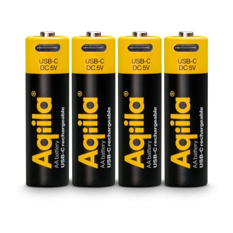 Aqiila wiederaufladbare USB-C-Batterien AA 2000 mAh, 4er-Pack Schwarz