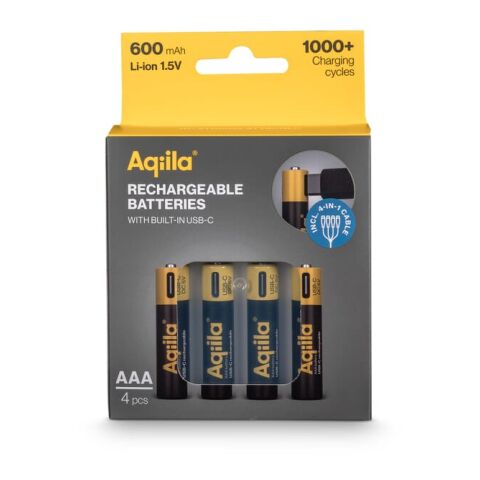 Aqiila Wiederaufladbare USB-C-Batterien AAA 600 mAh, 4er-Pack Schwarz