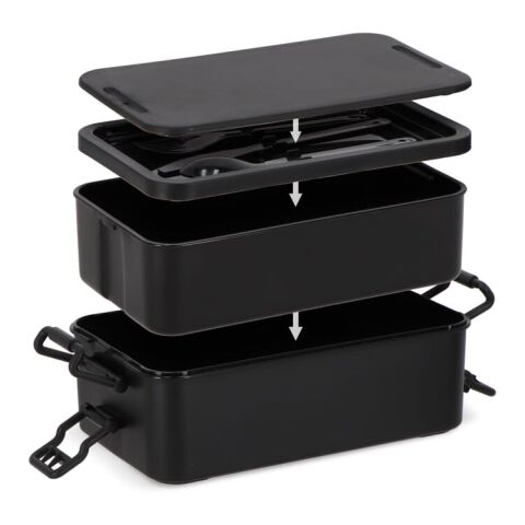 Doppelte Lunchbox mit Besteck Schwarz | 1-farbiger Tampondruck | Deckel | 50 mm x 50 mm