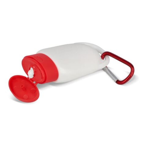 Sonnenschutzlotion mit Karabiner SPF30 aus recyceltem Material Rot / Weiß | ohne Werbeanbringung | Nicht verfügbar | Nicht verfügbar
