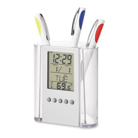 Stiftehalter mit Uhr transparent | ohne Werbeanbringung | Nicht verfügbar | Nicht verfügbar | Nicht verfügbar