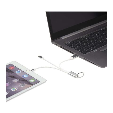 Metal 4-in-1 Ladekabel aus recyceltem Aluminium mit Schlüsselanhänger Standard | silber | ohne Werbeanbringung | Nicht verfügbar | Nicht verfügbar